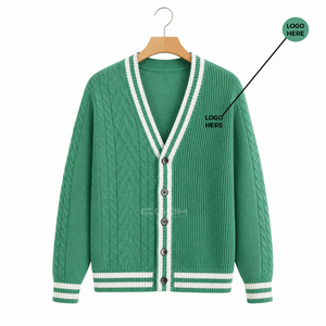 Cardigan en acrylique vert tricoté à col en V avec bordure et boutons blancs, manches longues, décontracté, de la sororité Cosh International - Product Image 5