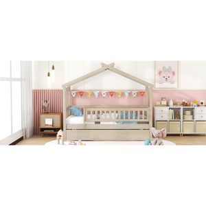 Letto a capanna in legno naturale per bambini, con letto estraibile, per cameretta singola - Product Image 6