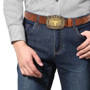 Ceinture pour homme en cuir de vachette de haute qualité, boucle carrée en cuivre, double couture, tressée, 35 mm, texture fine, usage quotidien décontracté - Product Image 4