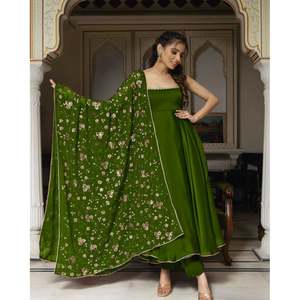 DISEÑADOR GEORGETTE VESTIDO LISO FONDO CON BORDADO SECUENCIA TRABAJO DUPATTA VERDE - Product Image 1