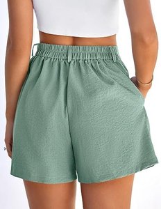 Shorts Bermuda de Lino Blanco de Cintura Alta con Acabado Lavado, Cómodos, de Color Sólido, con Cintura Elástica, Estilo Casual - Product Image 5