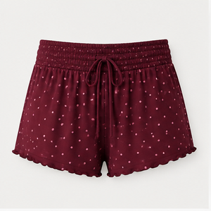 Shorts de détente amples et fluides pour femme, à pois, en jersey de viscose soyeux, avec cordon de serrage, personnalisés, couleur Rich Wine - Product Image 1