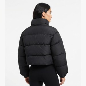 Women's Black Quilted <b>Cropped</b> <b>Puffer</b> <b>Jacket</b> Full Zip Stand Collar Winter Outerwear Short Length Fashion <b>Jacket</b> - Product Image 3