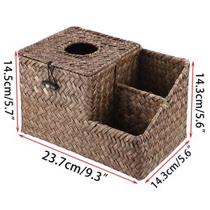 High Quality Seagrass Tissue Box Holder with Side Organizer Vintage Style <b>Square</b> Shape for Tableware Bathroom Home Office - Product Image 4