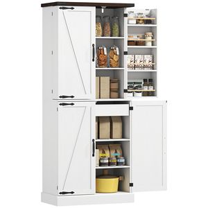 Armadio dispensa da cucina moderno stile farmhouse alto 72 pollici in legno massello con 8 ante e ripiani regolabili, colore bianco - Product Image 1