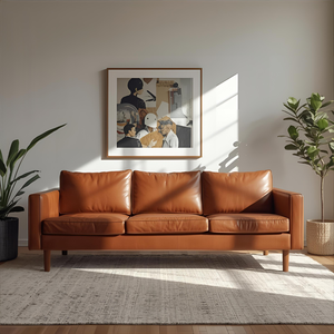 Sofá Moderno de Cuero Cognac Genuino de 3 Plazas con Patas de Madera, Elegante Sofá de Estilo Mid-Century para Sala de Estar, Asientos Cómodos para Descansar - Product Image 2