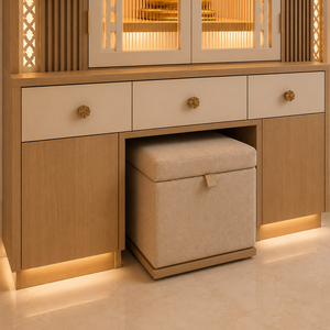 Mandir Tradicional de Madera Rectangular de Lujo para el Hogar, con Luces LED, Puertas de Vidrio Acanalado, Cajones de Almacenamiento, Taburete para Sentarse, Mandir para Pooja - Product Image 5