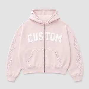 Sweat à capuche zippé personnalisé pour homme, rose, en coton French Terry, coupe oversize, avec broderie vieillie, strass et délavage vintage - Product Image 2