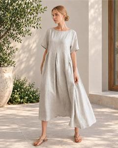 <b>Women</b> Ivory Cotton Linen Maxi <b>Dress</b> Short Sleeve Loose Fit <b>Vintage</b> Empire Waist Flowing Casual Summer <b>Dress</b> - Product Image 5