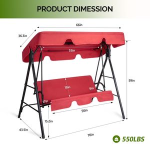 Altalena da Giardino 68*43*60 Pollici in Tessuto Oxford Rosso, Stile KD con Cuscino, Struttura in Ferro, Capacità 250kg, per Uso Esterno - Product Image 3