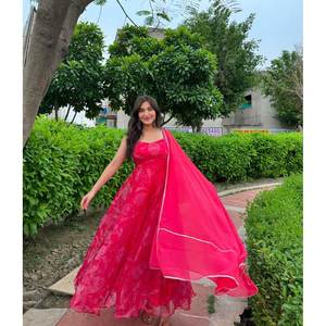 Vestido Anarkali de Georgette Azul con Estampado Digital, con Falda y Dupatta para Bodas, Talla XS - Product Image 1