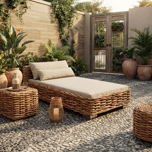 Chaise longue de jardin en rotin avec structure en bois d'acajou, tissage en rotin et tissu Daphnie, lit de soleil pour piscine, design artistique - Product Image 2