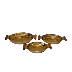 Juego de bandejas redondas de madera con rejilla metálica dorada y asas, bandejas decorativas para servir comida y almacenamiento para el hogar o bar. - Product Image 2