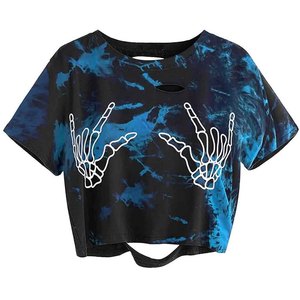 Camiseta Corta Tie Dye para Mujer, Manga Corta, Cuello Redondo, Estampado Personalizado, Corte Holgado, Estilo Punk, Top Corto para Primavera/Verano - Product Image 1