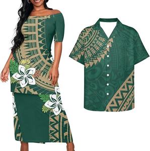 Conjunto de 2 piezas de camisa y vestido Puletasi Samoano con estampado floral, vestido ajustado tribal polinesio, vestido de isla - Product Image 1