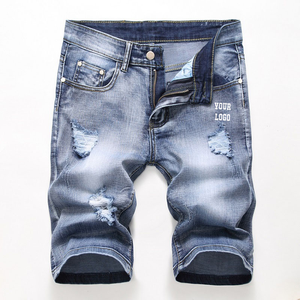 <b>mens</b> dark indigo blue distressed denim shorts golden yellow topstitching vintage ripped details custom logo casual summer - Product Image 5