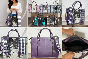 Sac fourre-tout en cuir de vachette de haute qualité, fait main, avec motif damier violet et blanc, sac à bandoulière à franges pour femmes - Product Image 2