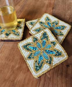 Handmade Beaded Flower Coaster Set of 4 Classic White Gold Mosaic Design Washable <b>Bar</b> <b>Mats</b> - Product Image 2