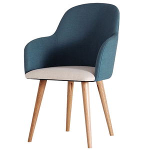 Fauteuil d'appoint bleu rembourré, best-seller, avec accoudoirs incurvés, pieds en bois et coussin de couleur ivoire. - Product Image 2
