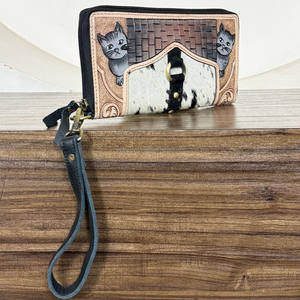 Cartera de mano de cuero genuino hecha a mano con diseño de gato, monedero de piel de vaca con cremallera, bolso de mano elegante de cuero repujado para mujer, regalo - Product Image 4