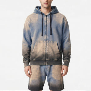Meilleur prix Nouveau style Ensemble short et sweat à capuche zippé pour homme en tissu respirant, effet délavé soleil et usé, style délavé à l'acide - Product Image 1