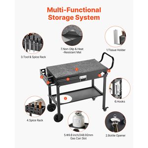 Carrello per Barbecue da Esterno 31 X 17 Pollici, Tavolo Pieghevole per Grigliate con Portarotolo e Ruote - Product Image 6