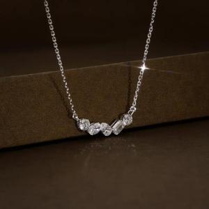 Multi Shape Diamond Cluster <b>Pendant</b> Necklace Round Oval Pear <b>Emerald</b> Cut Solid White Gold Curved Bar Link Chain Asymmetric - Product Image 4