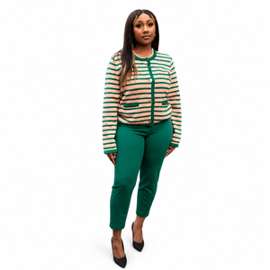 Cardigan en tricot rayé pour femme, manches longues, boutons sur le devant, col rond, style classique, pull vert pêche contrasté - Product Image 2