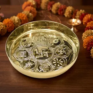 Plateau de prière décoratif en laiton écologique fait main pour la cérémonie hindoue de Puja, avec plateau d'offrande religieuse et Diya Ho - Product Image 5
