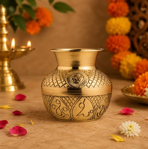 Vase en laiton soigneusement sculpté, orné de motifs divins pour les rituels sacrés, disponible à prix de gros. - Product Image 3