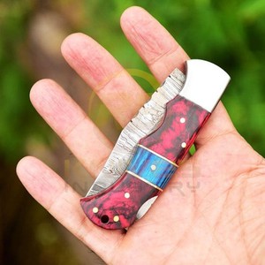 Couteau pliant artisanal OEM en acier Damas avec manche en bois dur, couteau utilitaire EDC ultra-affûté - Product Image 2
