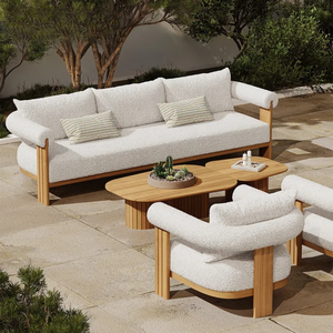 Modern Teak Wood Outdoor Sofa Set with White <b>Cushions</b> Wooden Armchairs and Coffee Table for Luxury <b>Garden</b> Patio Resort - Product Image 3