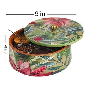 Fantastic Design Wood Spice <b>Box</b> Handmade Round Shape Printed Wood Masala <b>Box</b> With 7 Compartment and Metal Lid - Product Image 4