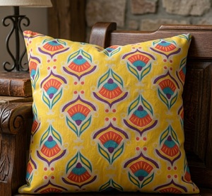 Boho Ethnic Floral <b>Printed</b> Plain Style Square <b>Cushion</b> Cover in Vibrant Yellow Orange Teal Home & Hotel Use Best-Selling 18X18 - Product Image 1