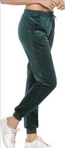 Pantalon de jogging en velours vert foncé pour femme, taille élastique avec cordon de serrage, décontracté, avec poches latérales, pour l'automne - Product Image 1