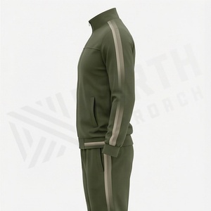 Survêtement vert olive pour homme, fermeture éclair intégrale, col montant, vêtements de sport décontractés avec poches latérales, matière respirante en polyester et coton - Product Image 3