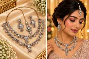 Ensemble collier et boucles d'oreilles en laiton plaqué or Kundan, bijoux de mariage inspirés des perles géométriques pour femmes - Product Image 2