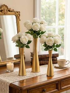 Florero de Metal Dorado Mate, Forma de Reloj de Arena Redondo, Decoración Tradicional para Mesa, Centro de Mesa para Bodas y Hogar - Product Image 1