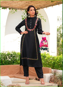 Ensemble de kurta brodé en resham noir à motifs floraux - Product Image 6