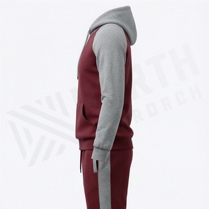 Men's <b>Maroon</b> Gray Color Block Hoodie Tracksuit Full Sleeve Casual Sportswear With Drawstring Pocket Design Autumn Wear - Product Image 3