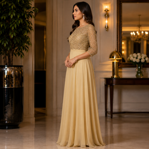 Robe de soirée longue en mousseline de soie à paillettes dorées de luxe, élégante, à manches longues, pour soirée formelle, mariage, cocktail, bal, pour femmes - Product Image 2