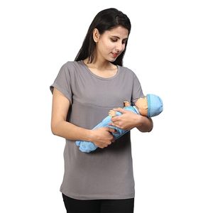 T-shirt noir à manches courtes pour femme avec poche d'allaitement, coupe ample, col rond, en coton tricoté, toutes saisons, couleur unie - Product Image 5