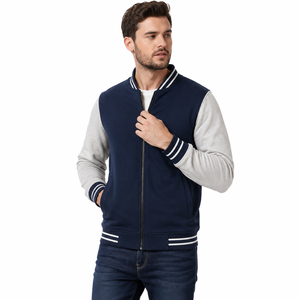 Mens Navy Blue Varsity <b>Jacket</b> Contrast Sleeve <b>Zip</b> <b>Up</b> Bomber Coat Casual Spring Outerwear - Product Image 4