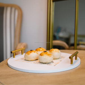 Decorative Round Wooden Serving <b>Tray</b> Farmhouse White Round <b>Tray</b> with Gold Metal Handle for Home Decor - Product Image 5