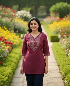 Indian Maroon Slub Cotton Tunic With Embroidered Neck and Cuffs Regular Fit Knee Length Traditional Indian Pakistani Casual Wear - Product Image 1