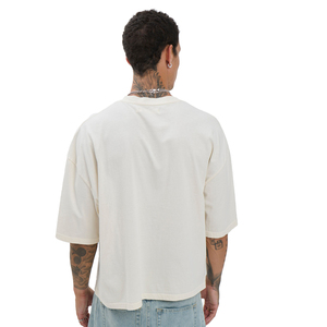 Men's Oversized <b>Cream</b> Cotton <b>T</b>-<b>Shirt</b> Short Sleeve O-Neck Casual Plain Jersey Fit Solid Color Knitted Streetwear Style - Product Image 2