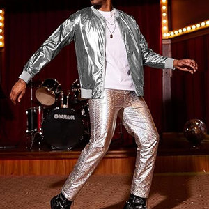 Men's Metallic Jacket <b>70s</b> Disco Dance Party <b>Costume</b> Shiny Varsity Zipper Baseball Bomber Jacket Retro Vintage Glitter Clubwear - Product Image 5
