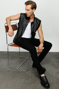 Wholesale Custom Real Leather Exotic <b>Vest</b> - High-Quality Men's Black Sleeveless <b>Jacket</b> with Stand Collar - Product Image 4