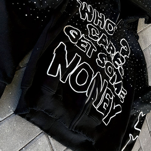 เสื้อฮู้ดดี้แบบสวมหัวสไตล์วินเทจสตรีทแวร์ ลวดลายโลโก้ประดับคริสตัลแบบ OEM ผลิตตามสั่ง ซักย้อมสีซีดแบบฟอกกรด มีกระเป๋าผ้าฟลีซ เหมาะสำหรับฤดูหนาว ใส่ได้ทั้งผู้ชายและผู้หญิง - Product Image 1
