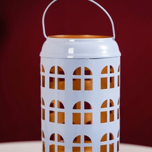 Charming Light Blue Metal <b>Lantern</b> With House Style Window Cutouts Features A Gold Interior And Handle For Cozy Holiday Lighting - Product Image 6